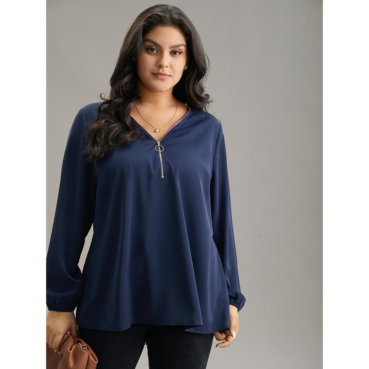 Plus Size Aegean Static-Free Plain Zipper Elastic Cuffs Blouse Women Office Long Sleeve V-neck Office Blouses BloomChic 22-24/3X Product Image