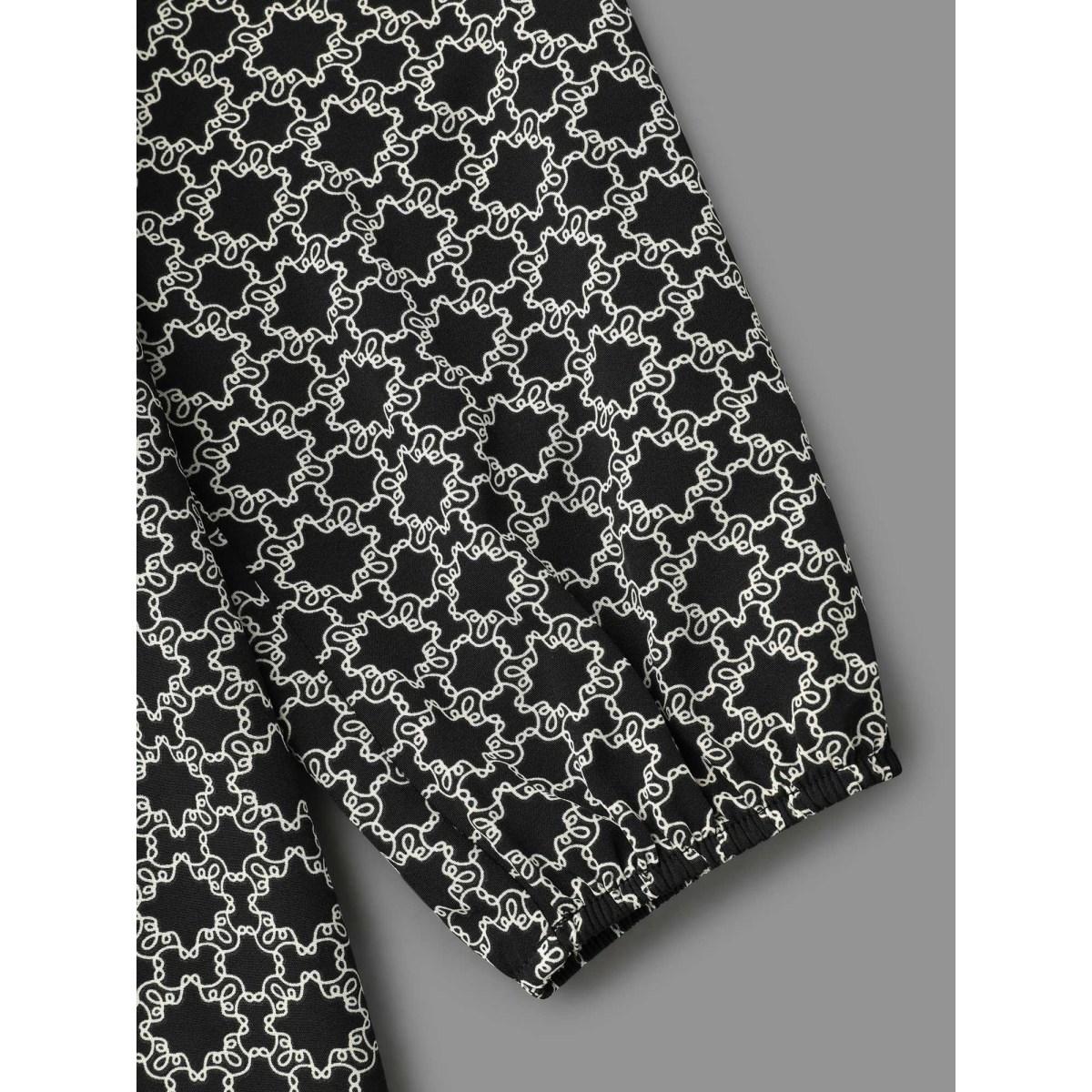 Plus Size Black Geometric Print Plicated Detail Keyhole Blouse Women Elegant Extra Long Sleeve Round Neck Everyday Blouses BloomChic 18-20/2X Product Image