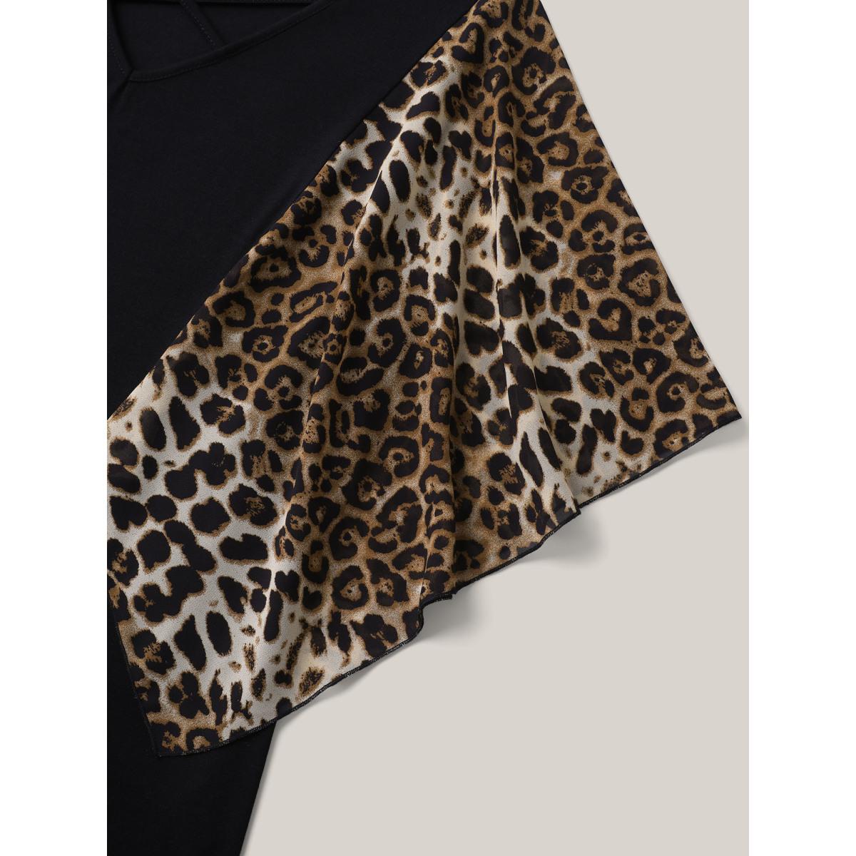 Plus Size Leopard Spliced Tied Flared Sleeve T-Shirt Black Women Casual Contrast V-neck Everyday T-shirts BloomChic 30/6X Product Image