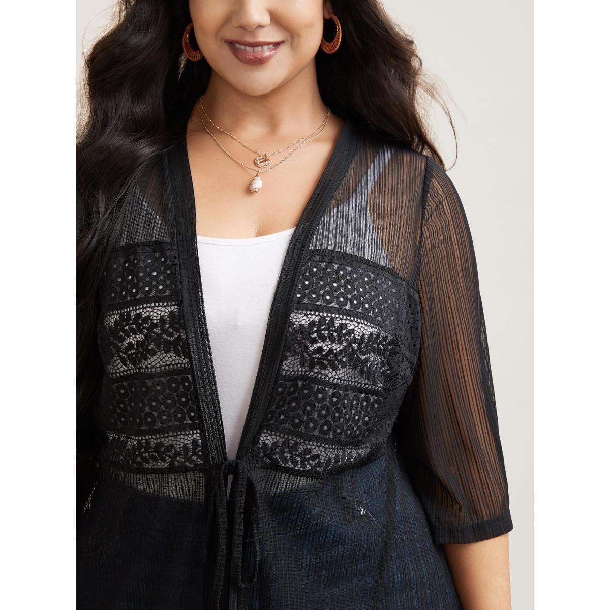 Plus Size Sheer Lace Detail Tied Kimono Cardigan Women Black Resort Tie knot Vacation Kimonos BloomChic 22-24/3X Product Image