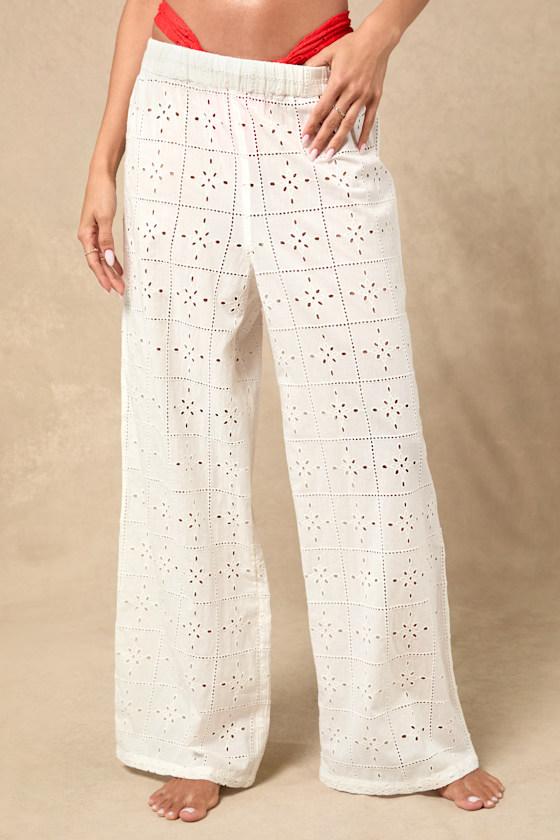 Eyelet Crush White Embroidered Swim Cover-Up Pants Product Image