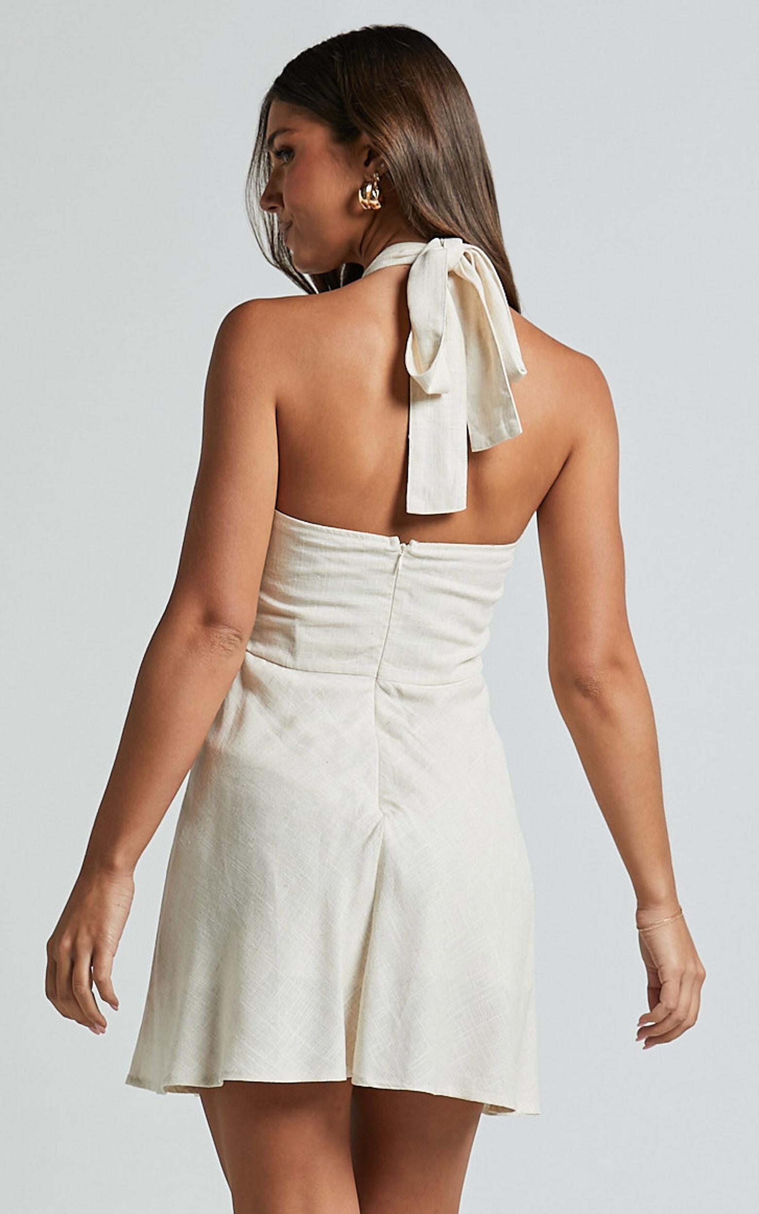 Louie Mini Dress - Linen Halter Neck Dress in Natural Product Image