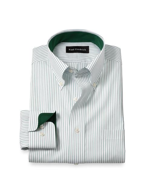 Non-Iron Cotton Stripe Dress Shirt With Contrast Trim - Green Product Image