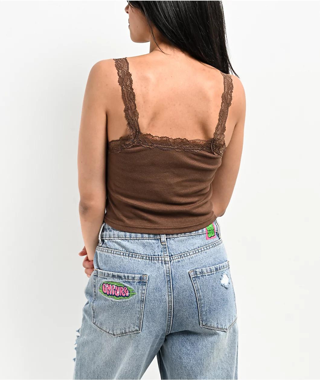 Zine Hallie Brown Lace Crop Tank Top Product Image