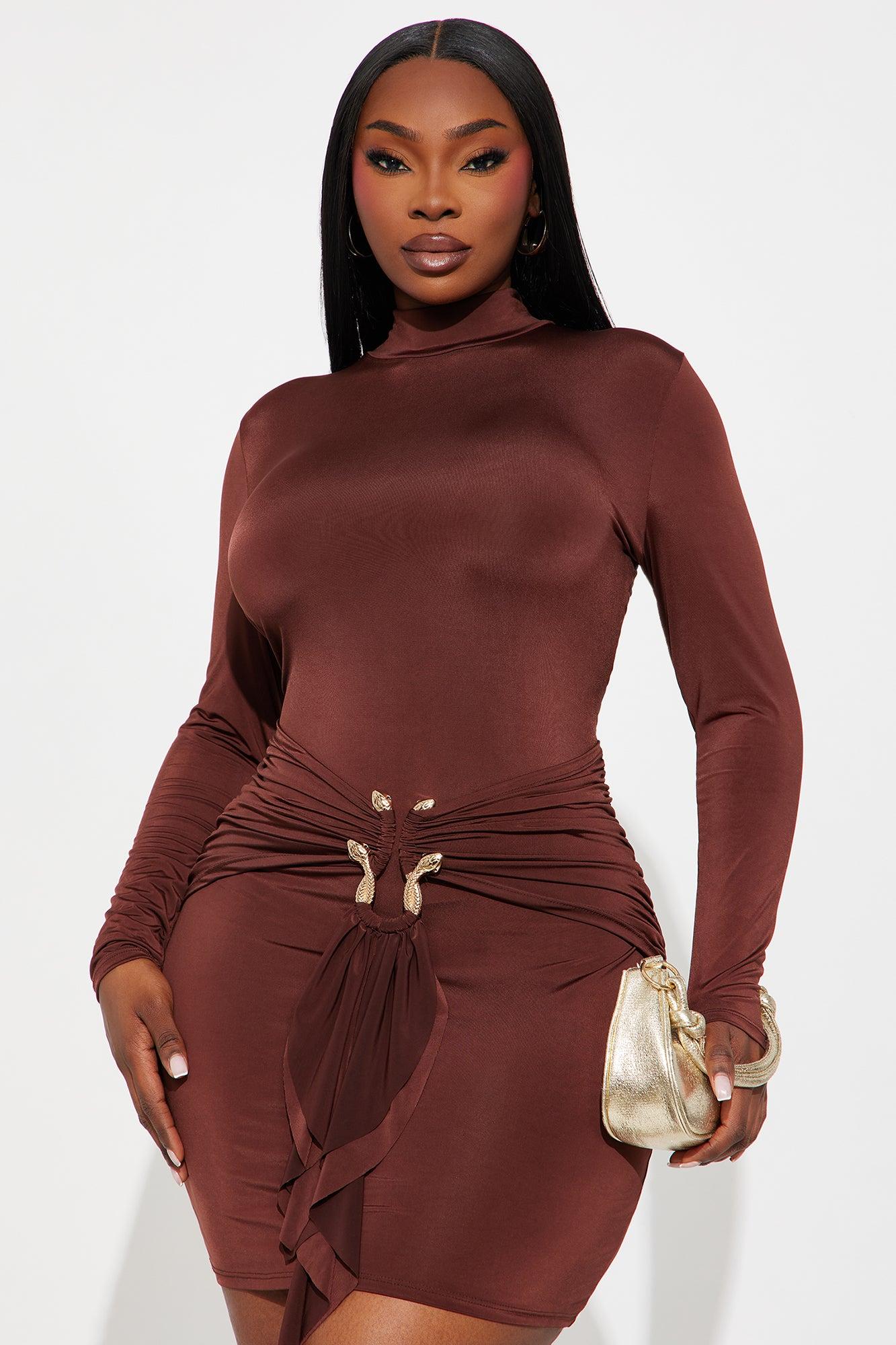 In The Moment Long Sleeve Mini Dress - Chocolate Female Product Image