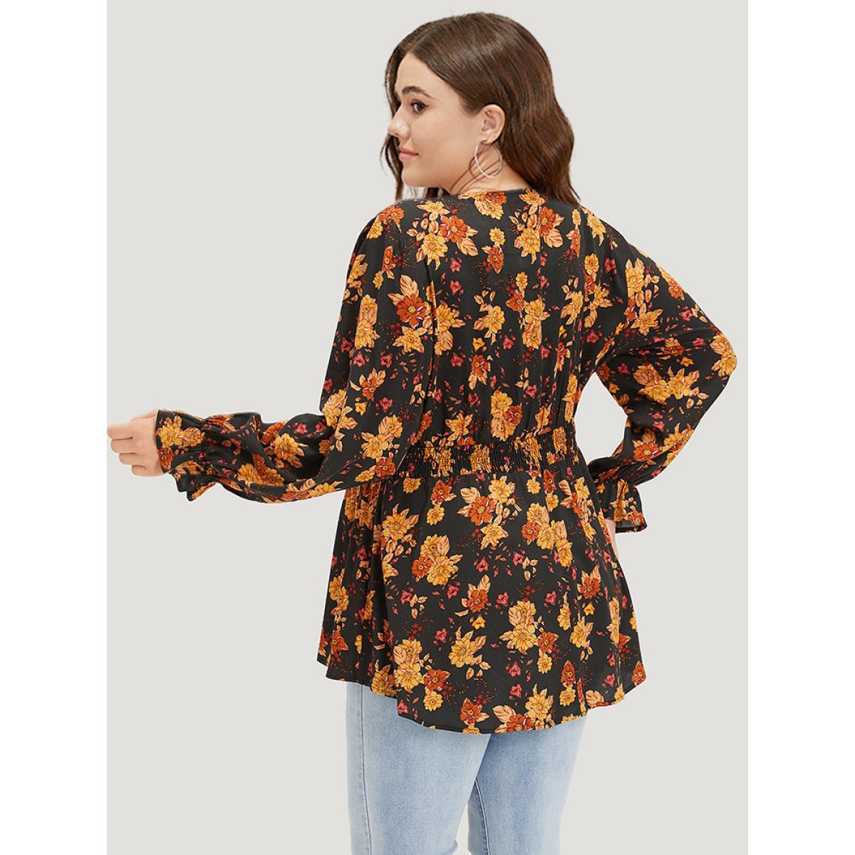 Plus Size Indigo Floral Print Wrap Shirred Lantern Sleeve Blouse Women Vacation Long Sleeve V-neck Dailywear Blouses BloomChic 26/4X Product Image
