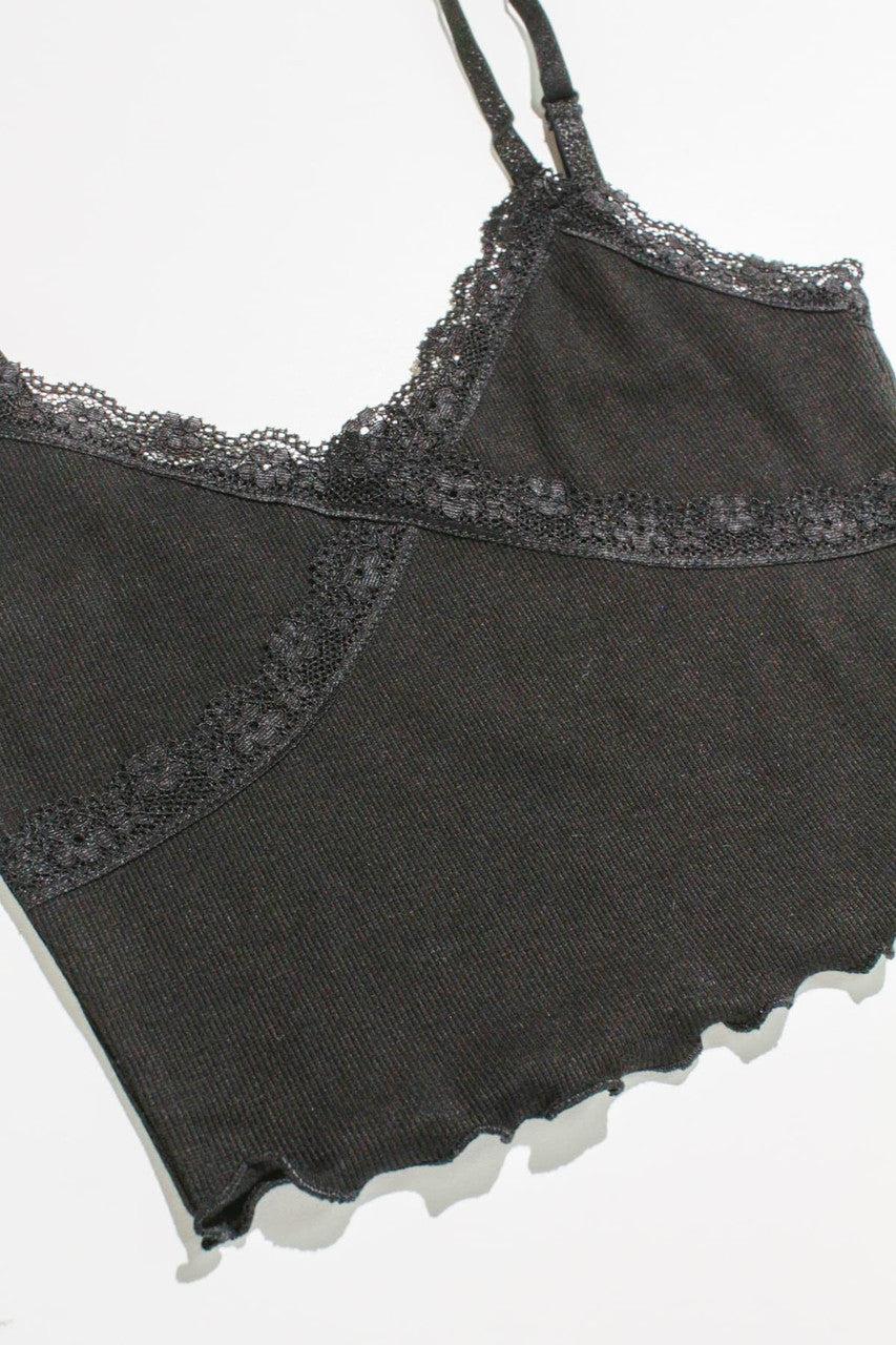 Black Lace Trimmed Ribbed Cami Product Image