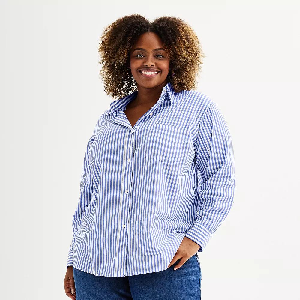 Plus Size Sonoma Goods For Life® Oversized Boyfriend Shirt, Women's, Size: 1XL, Bright Blue Stripe Product Image