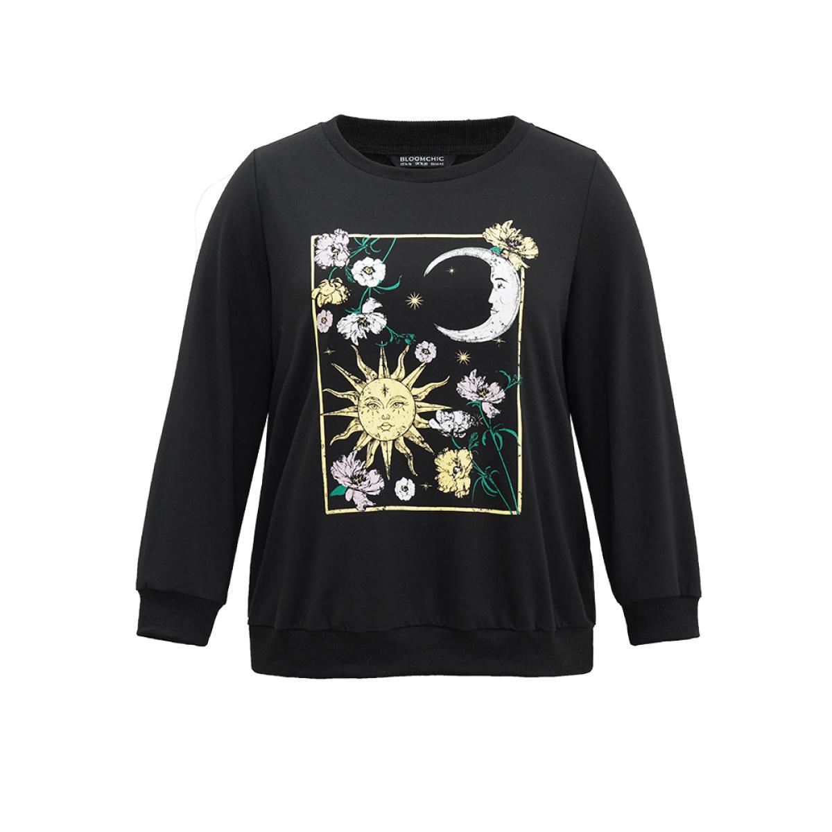Plus Size Horoscope Print Rib Knit Round Neck Sweatshirt Women Black Casual Rib Knit Dailywear Sweatshirts BloomChic 18-20/2X Product Image