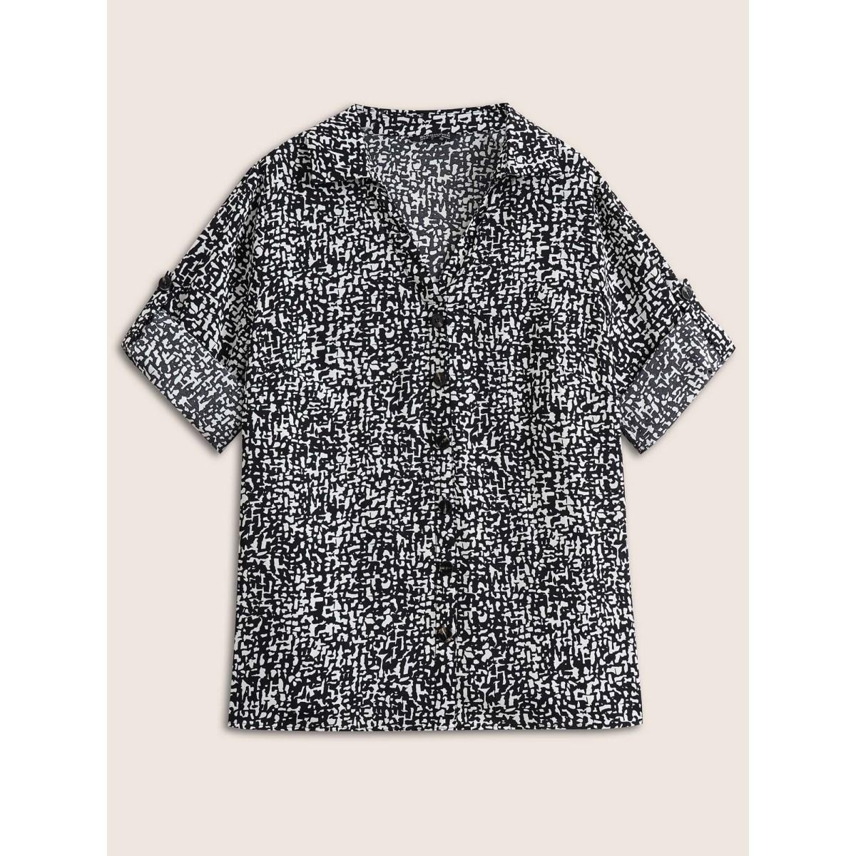 Plus Size Black Geometric Shirt Collar Button Through Tab Sleeve Blouse Women At the Office Elbow-length sleeve Shirt collar Work Blouses BloomChic 28/5X Product Image