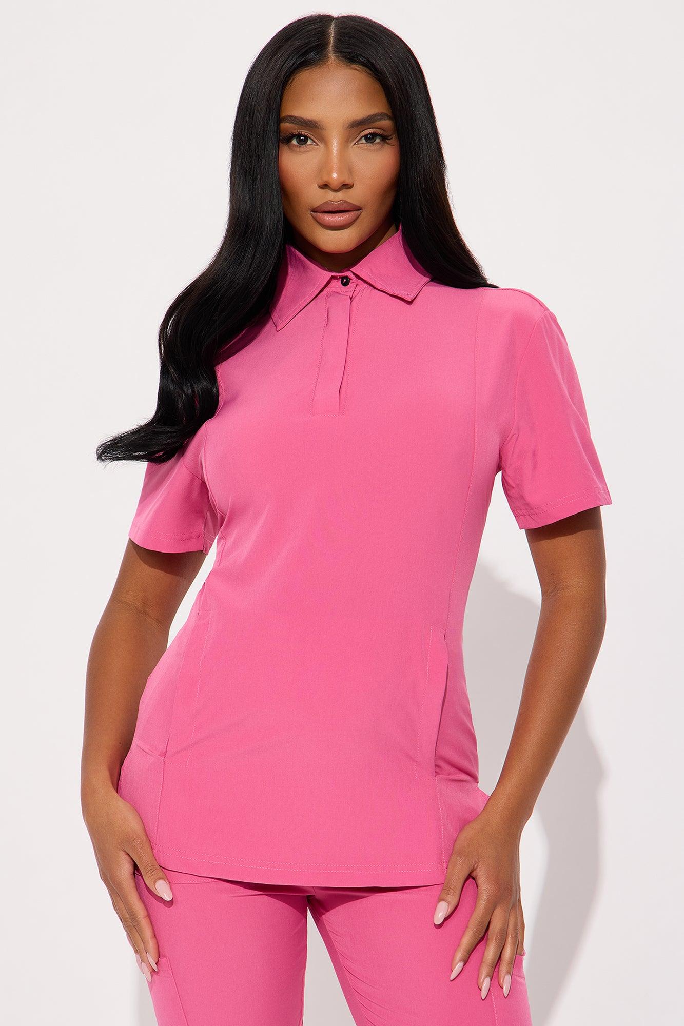 Caretaker 4 Way Stretch Polo Scrub Uniform Pant Set - Hot Pink Product Image