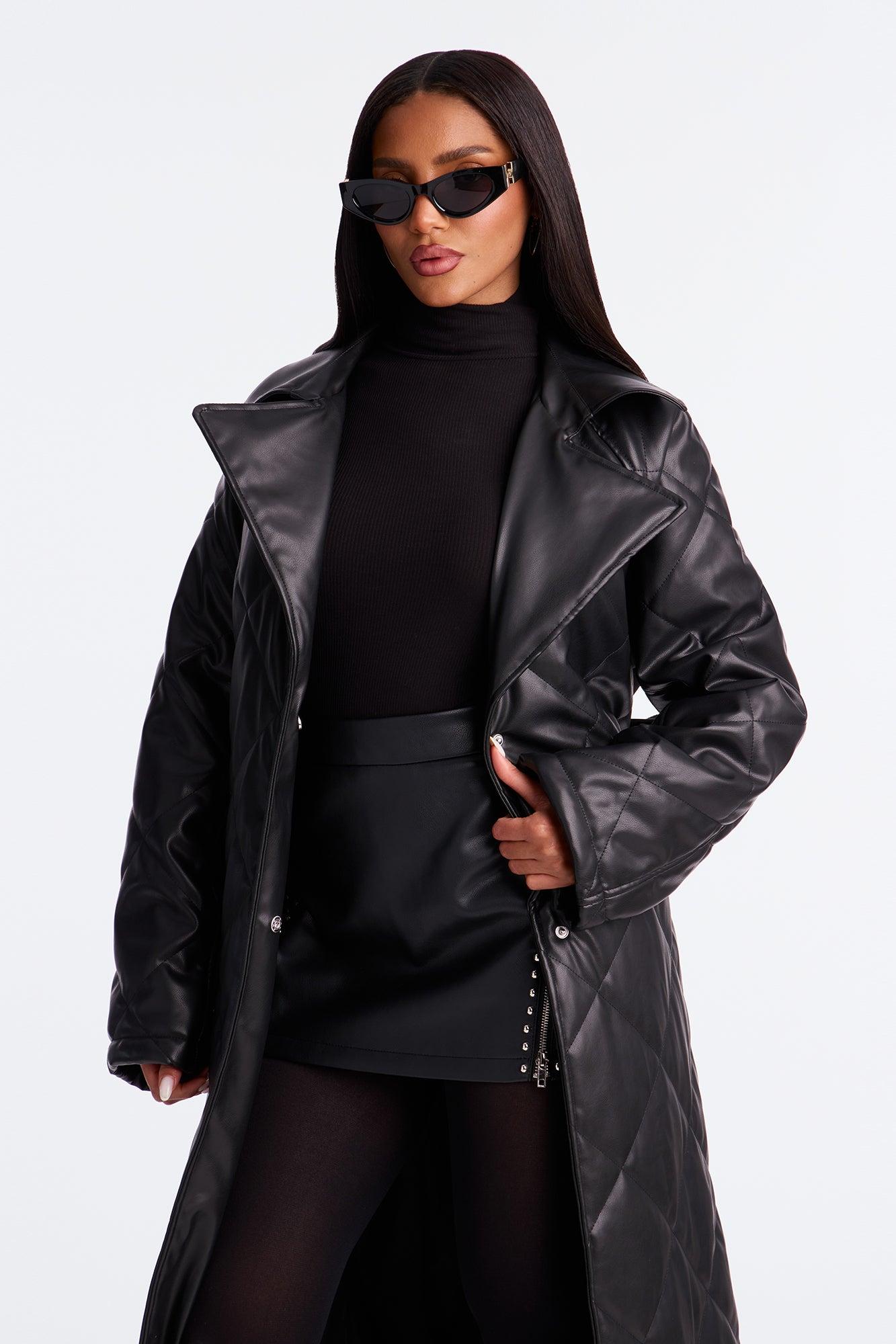 Fabiola Quilted Faux Leather Trench Coat - Black Female Product Image