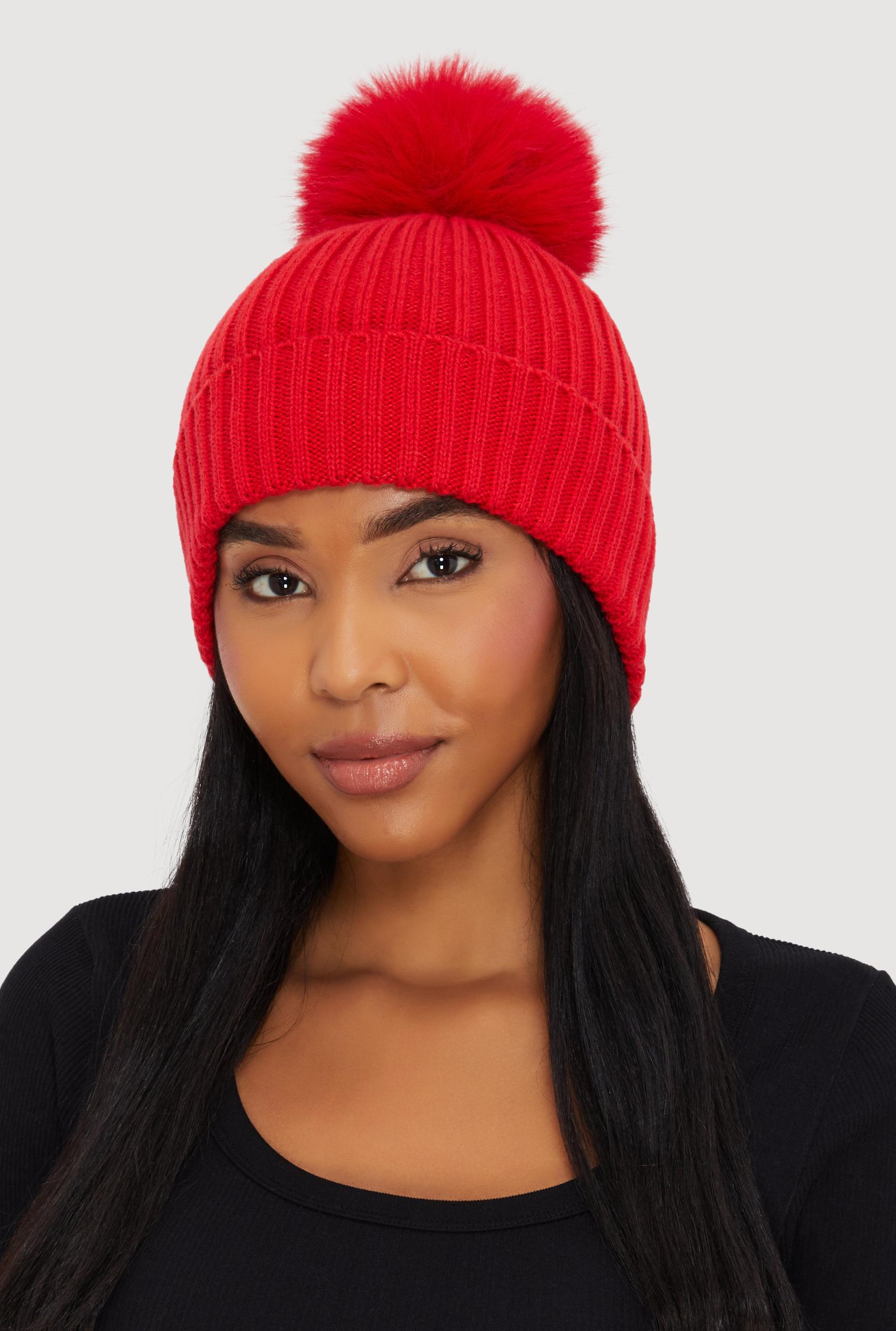 Trendy Faux Fur Pom Pom Detail Ribbed Knit Beanie Female Product Image