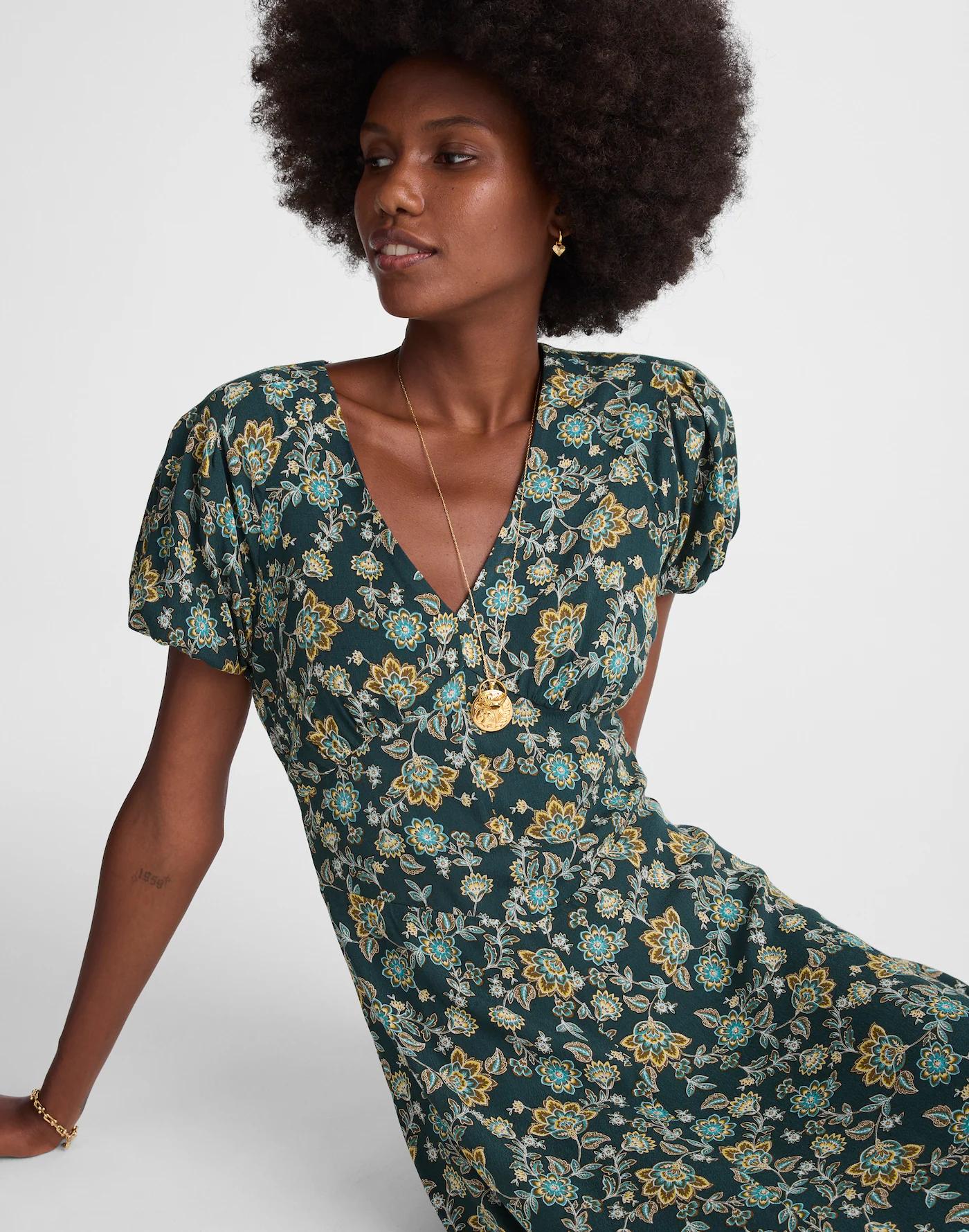 Seamed Puff-Sleeve Midi Dress in Floral Product Image