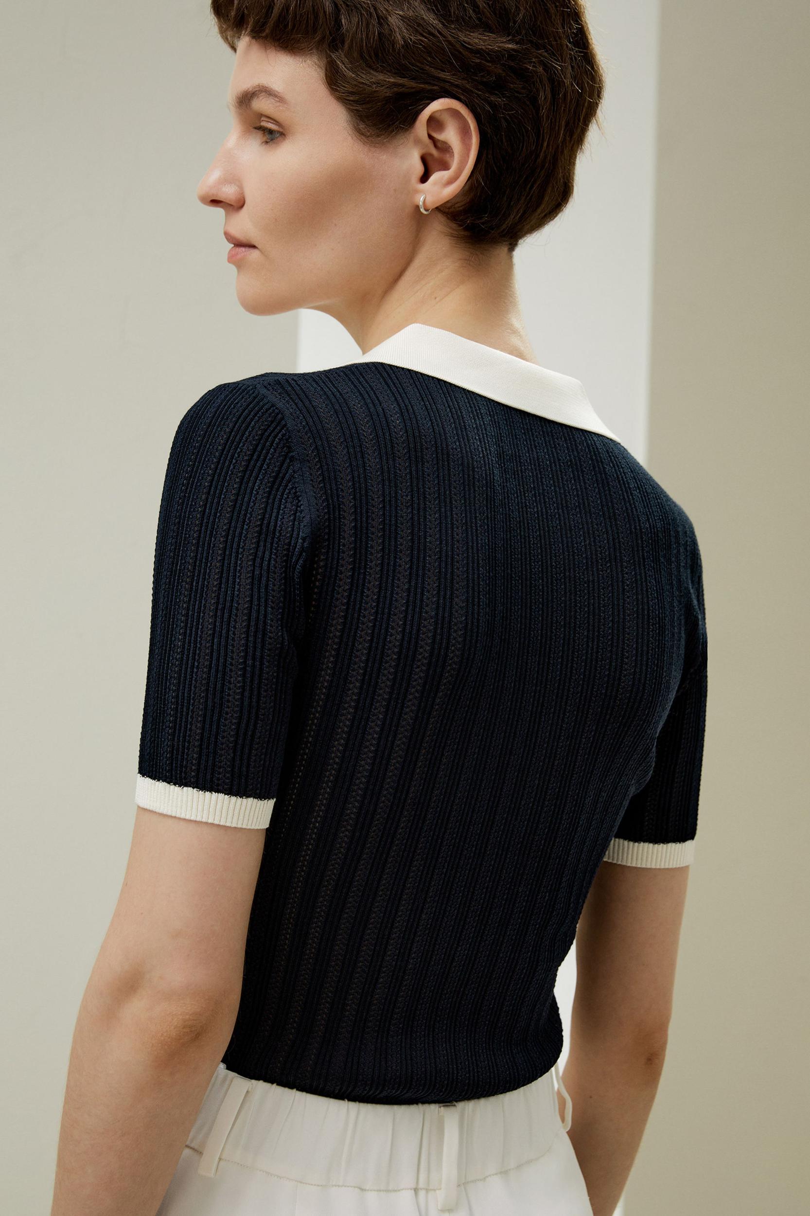 V Neck Ribbed Silk Knit Top Product Image