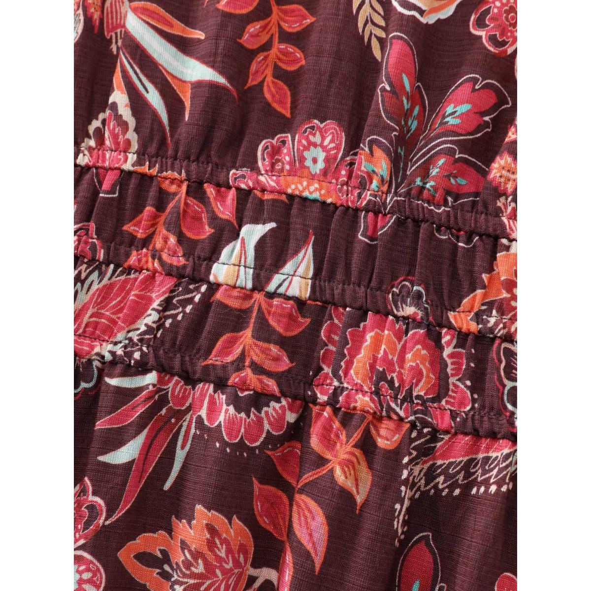 Plus Size Boho Floral Print Cinched-Waist Maxi Dress Burgundy Women Boho Notched collar Long Sleeve Curvy BloomChic 26/4X Product Image