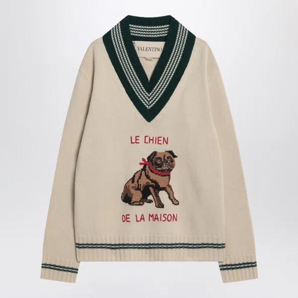VALENTINO Embroidered V-neck Crewneck Sweater With Ribbed Trim In White Product Image