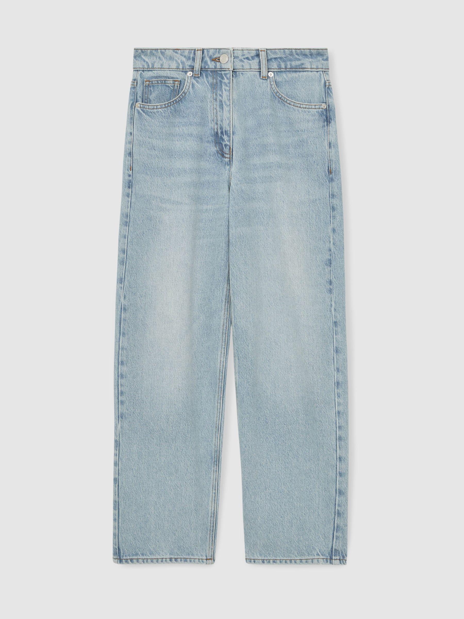 Button-Detail High-Rise Flared Jeans in Mid Blue Product Image