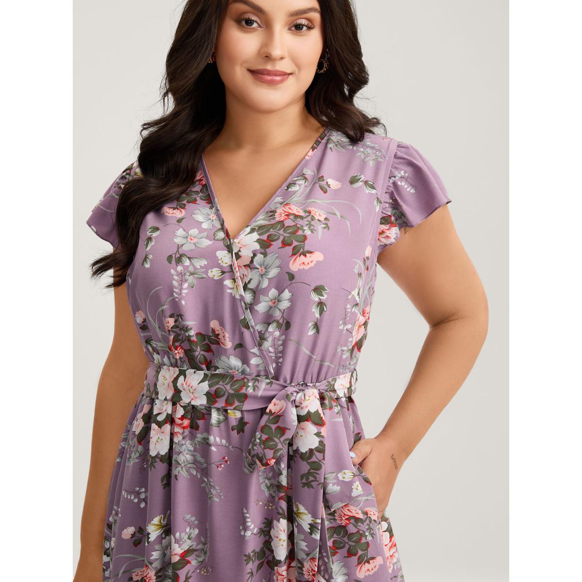 Plus Size Midnight Blooms Wrap A-Line Midi Dress Mauve Women Romantic Overlap Collar Cap Sleeve Curvy BloomChic 22-24/3X Product Image