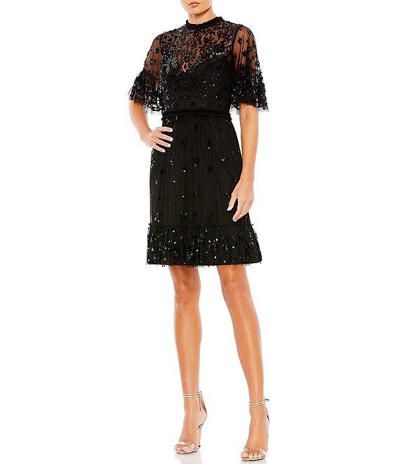 Mac Duggal Illusion Mock Neck Short Sleeve Sequined Dress Product Image