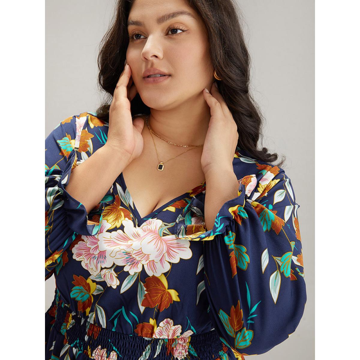 Plus Size Floral Print Split Side Ruffle Trim Dress Navy Women Elegant Printed V-neck Long Sleeve Curvy Midi Dress BloomChic 22-24/3X Product Image