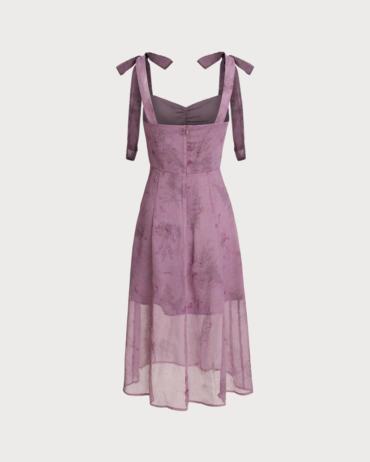 Purple Floral Tie Strap Midi Dress Product Image