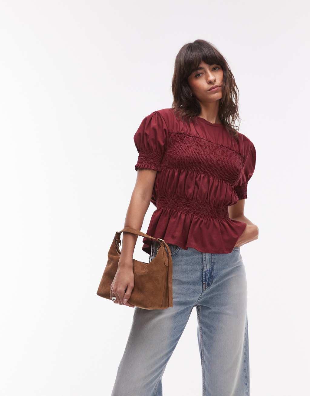 Topshop shirred panel tee in burgundy Product Image