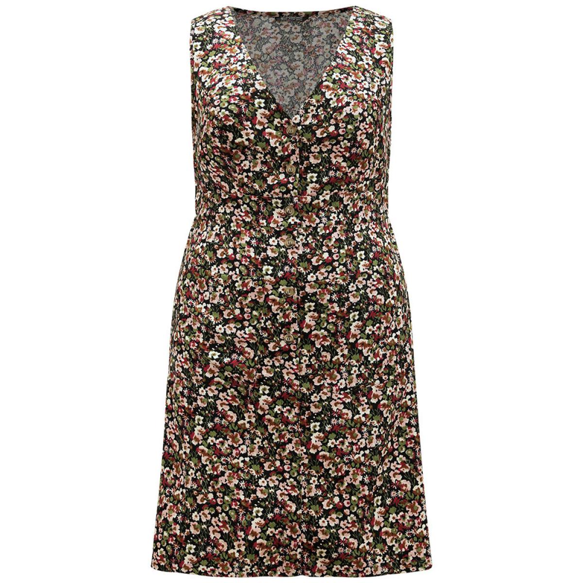 Plus Size Ditsy Floral Pocket Button Detail Tank Dress Indigo Women Elegant Printed V-neck Sleeveless Curvy Knee Dress BloomChic 14-16/1X Product Image