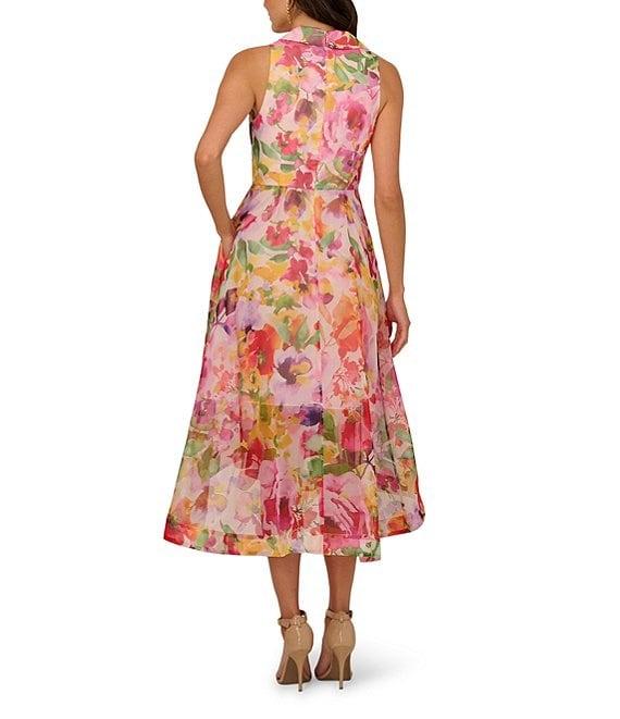 Adrianna Papell Organza Floral Print V Neck Sleeveless Ruffle A-Line Midi Dress Product Image
