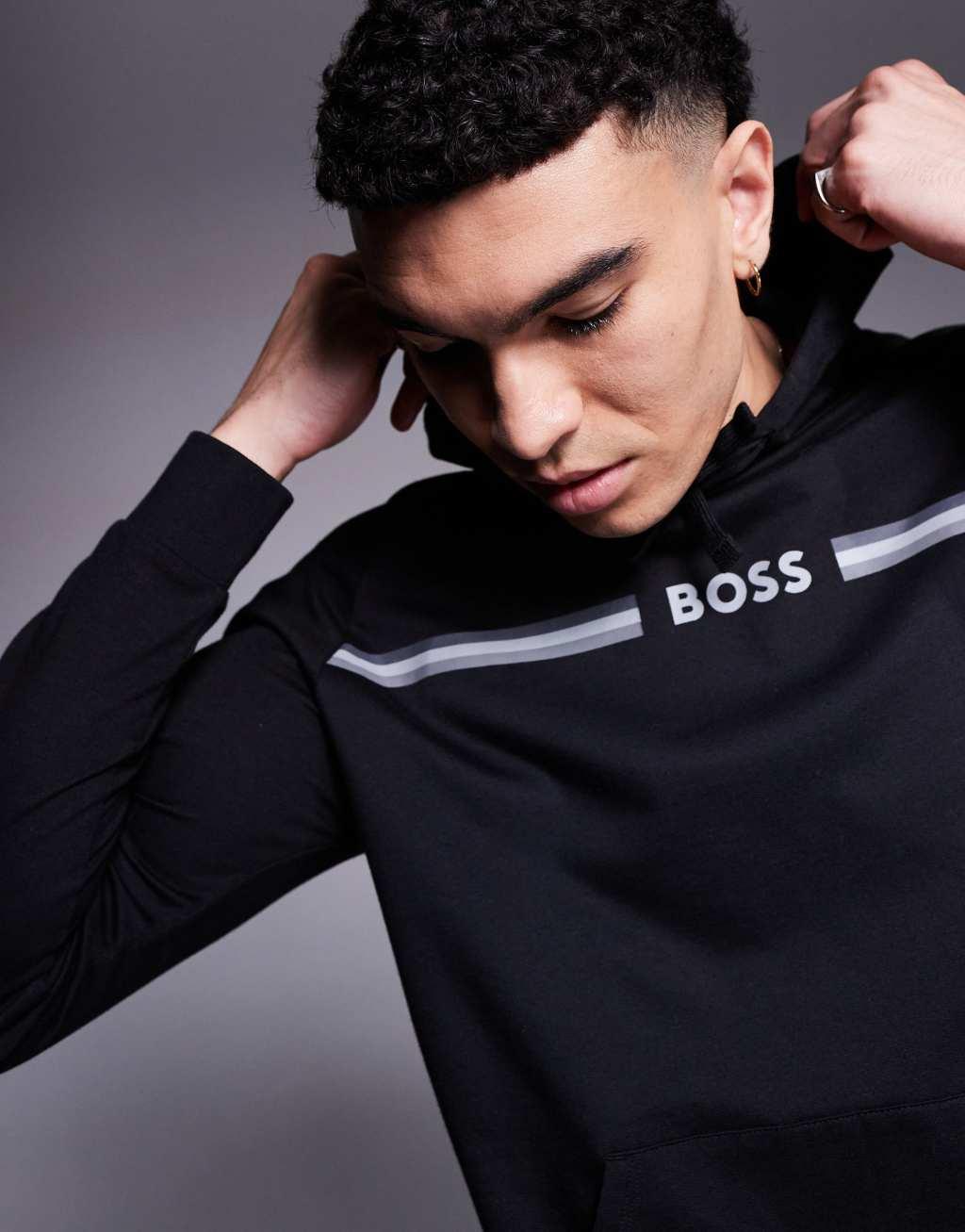 BOSS Bodywear Authentic stripe logo hoodie regular fit in black Product Image