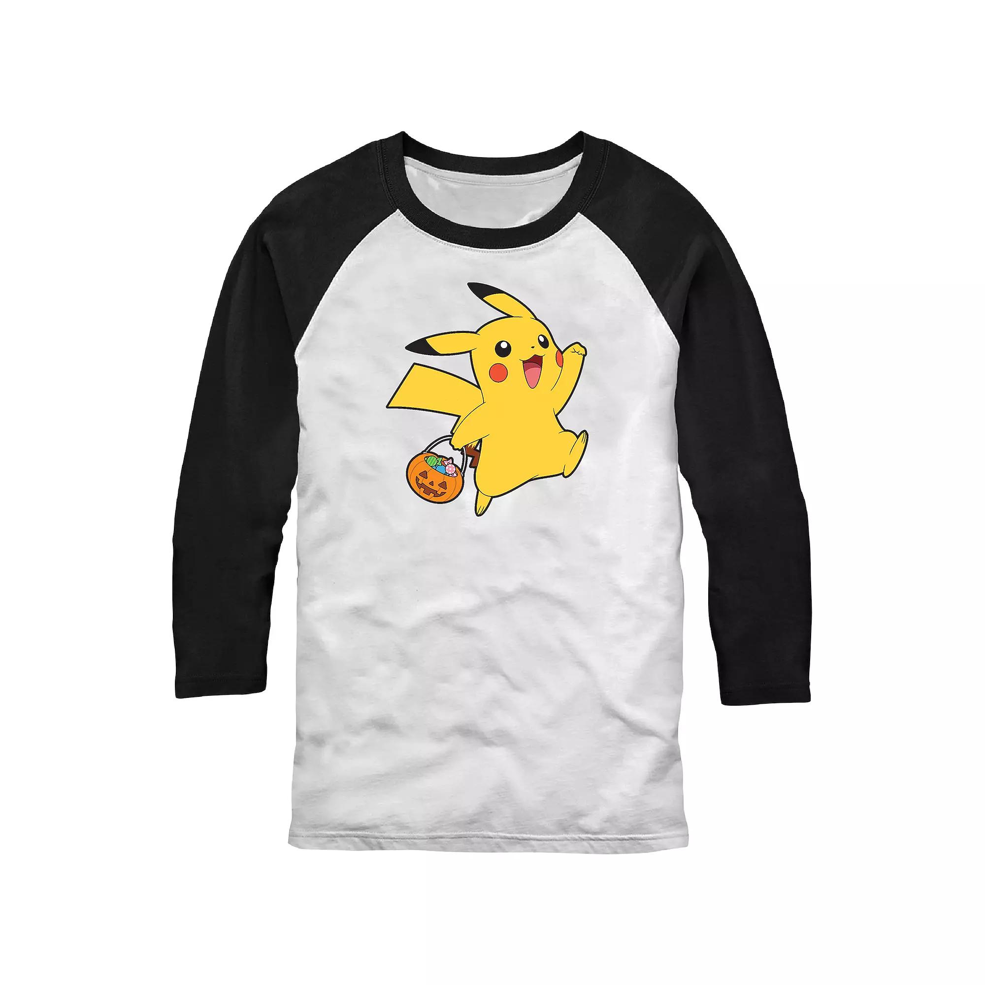Men's Pokemon Happy Pikachu Trick Or Treat Raglan Tee, Size: XXL, White Black Product Image