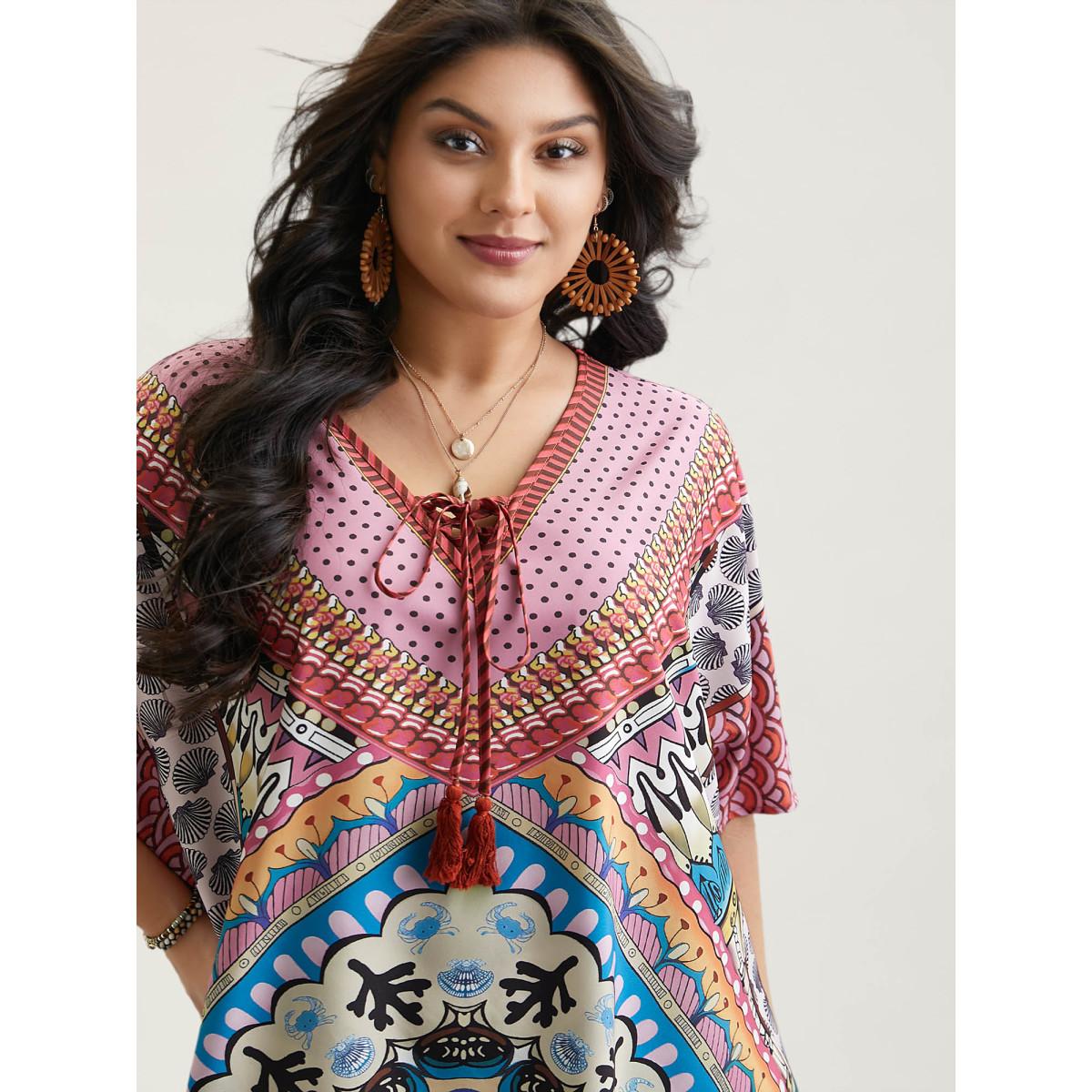 Plus Size Boho Print Ties Slit Curved Hem Midi Dress Cerulean Women Resort Wraparound straps V-neck Half Sleeve Curvy BloomChic 12/L Product Image