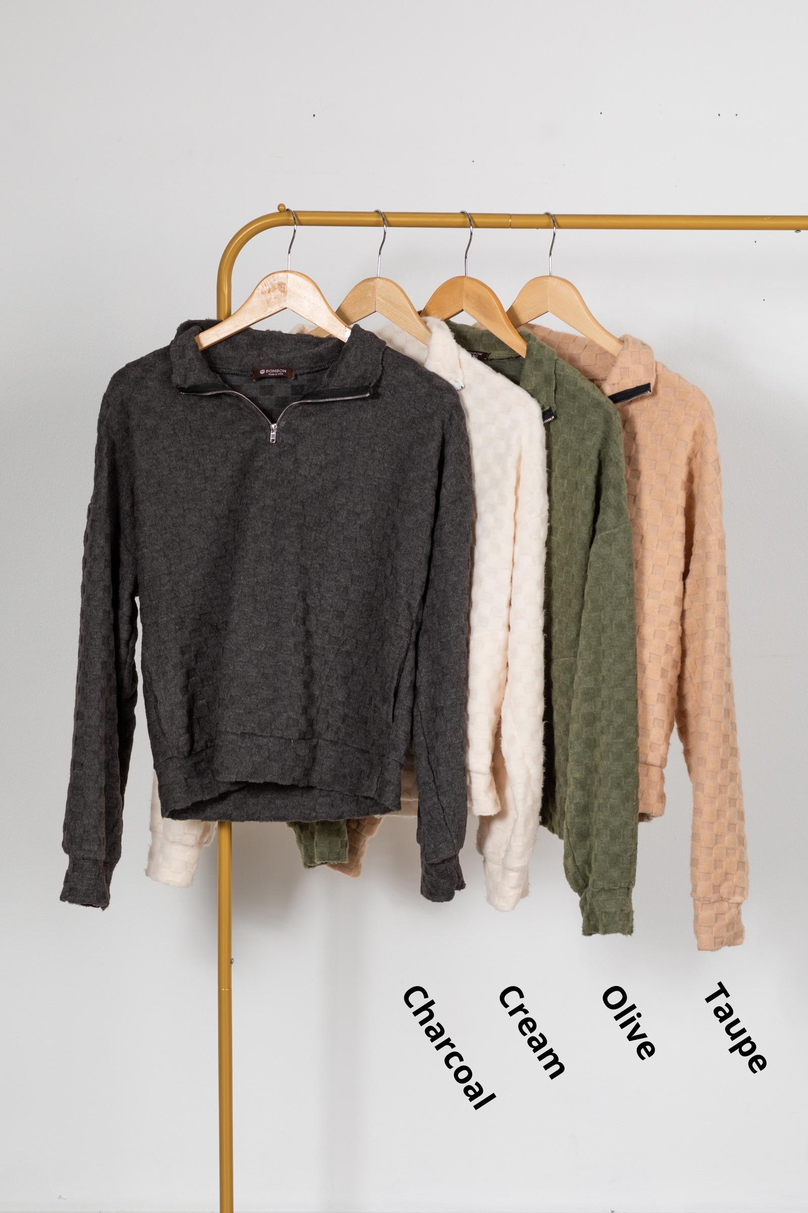 Fuzzy Checkered 1/4 Zip Knit Top Product Image