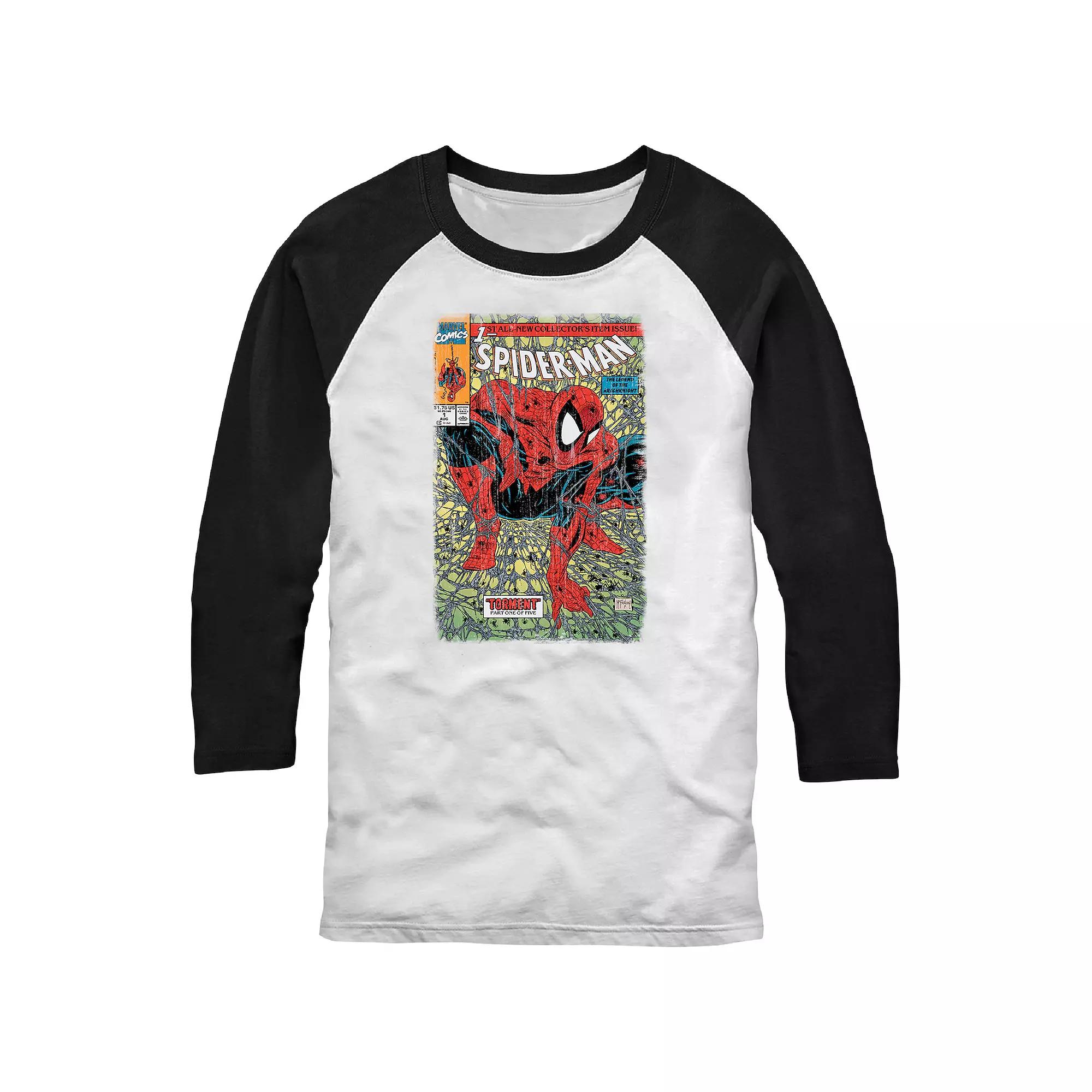 Men's Marvel Spider-Man Classic Comic Book Cover Raglan Graphic Tee, Size: Large, White Black Product Image