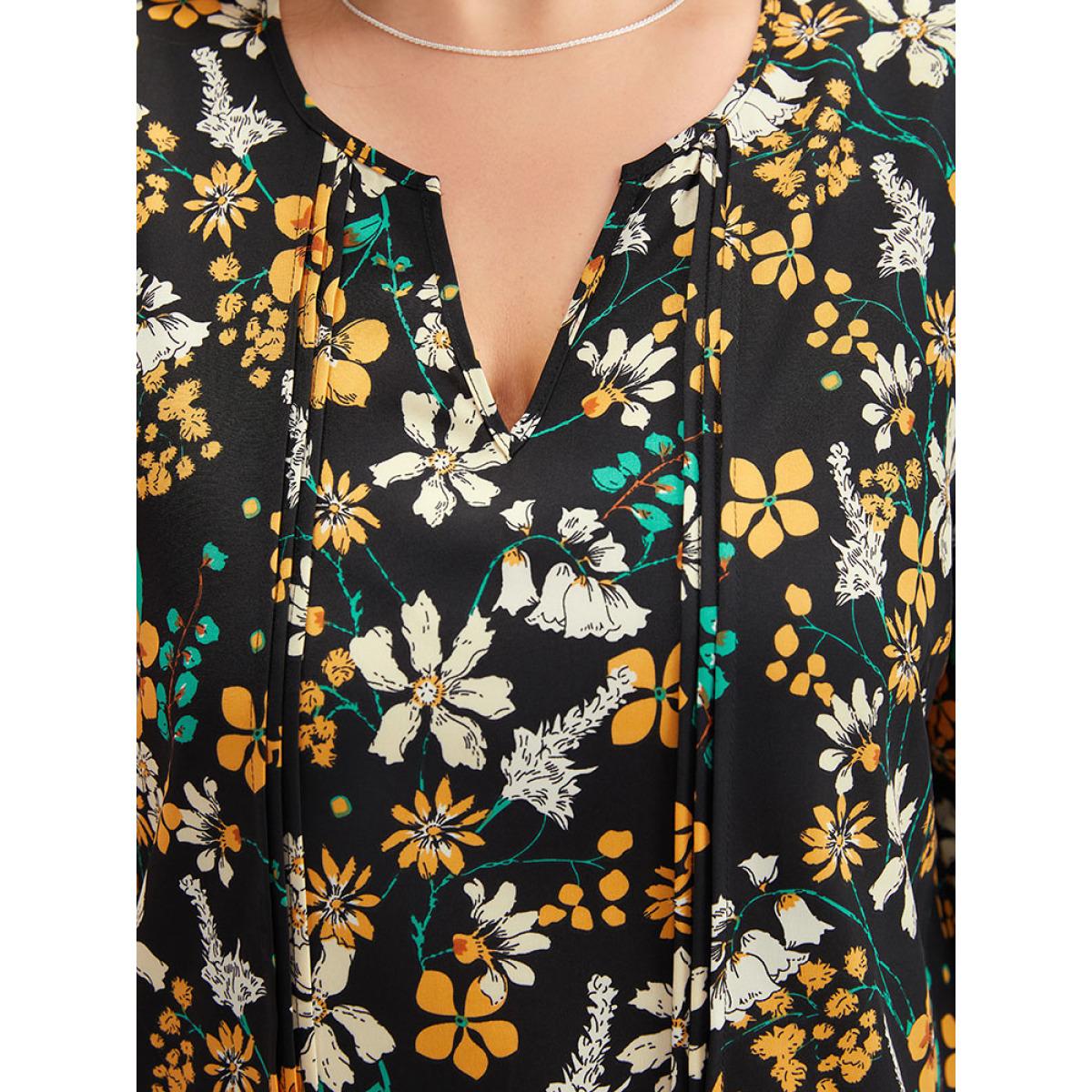 Plus Size Black Floral Print Pleated Notched Lantern Sleeve Blouse Women Elegant Elbow-length sleeve Notched collar Dailywear Blouses BloomChic 10/M Product Image