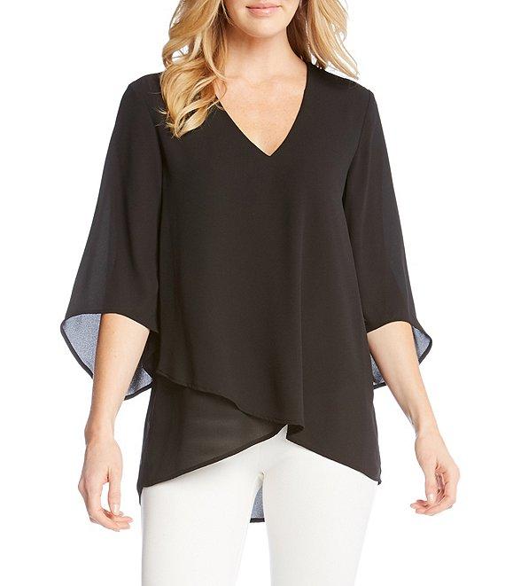 Karen Kane Petite Size V-Neck 3/4 Sleeve Crossover Hem Silky Crepe Top Product Image