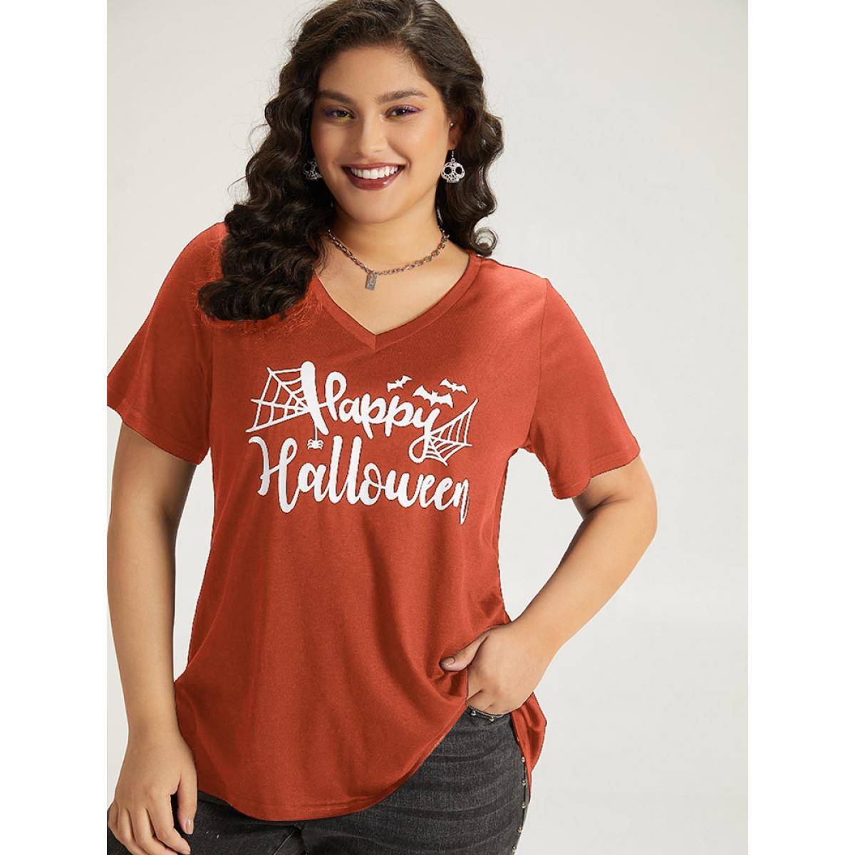 Plus Size Halloween Letter Print V Neck T-shirt Chocolate Women Casual Printed Halloween Festival-Halloween T-shirts BloomChic 12/L Product Image