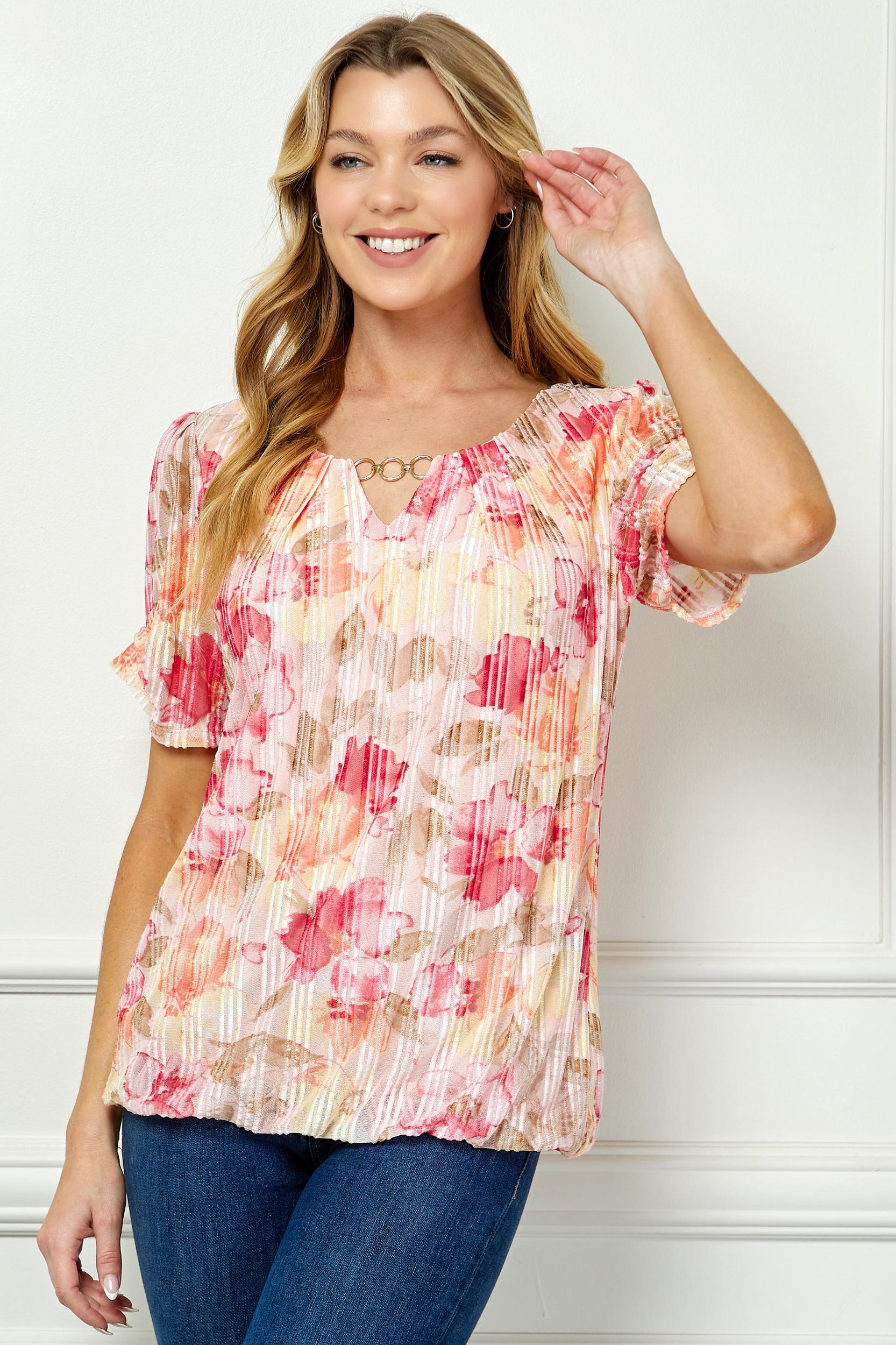 Short Step Sleeve Cutout Trim Front Neck Lined Bubble Blouse Product Image