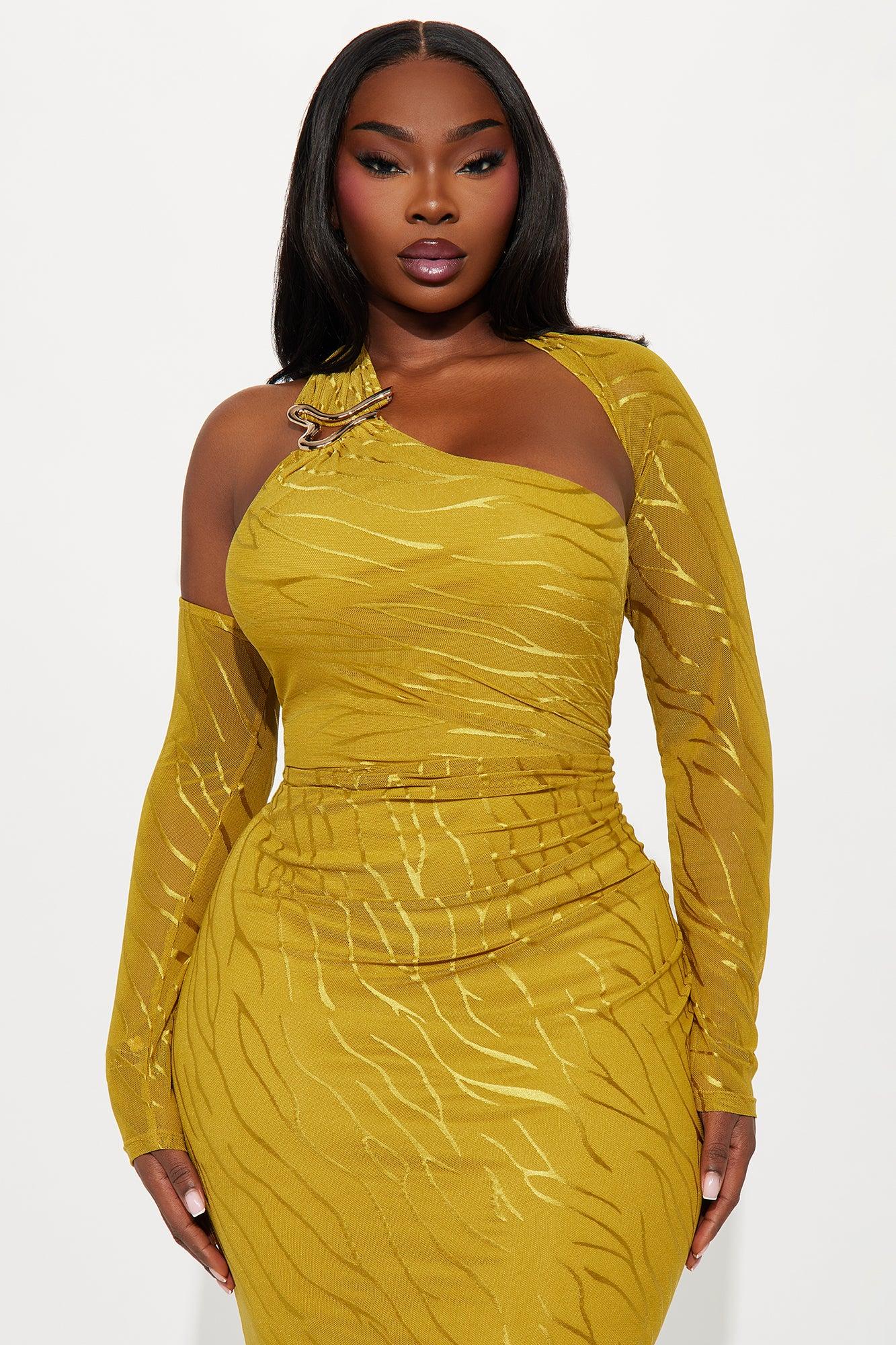 Juliana Asymmetrical Long Sleeve Mesh Maxi Dress - Chartreuse Female Product Image
