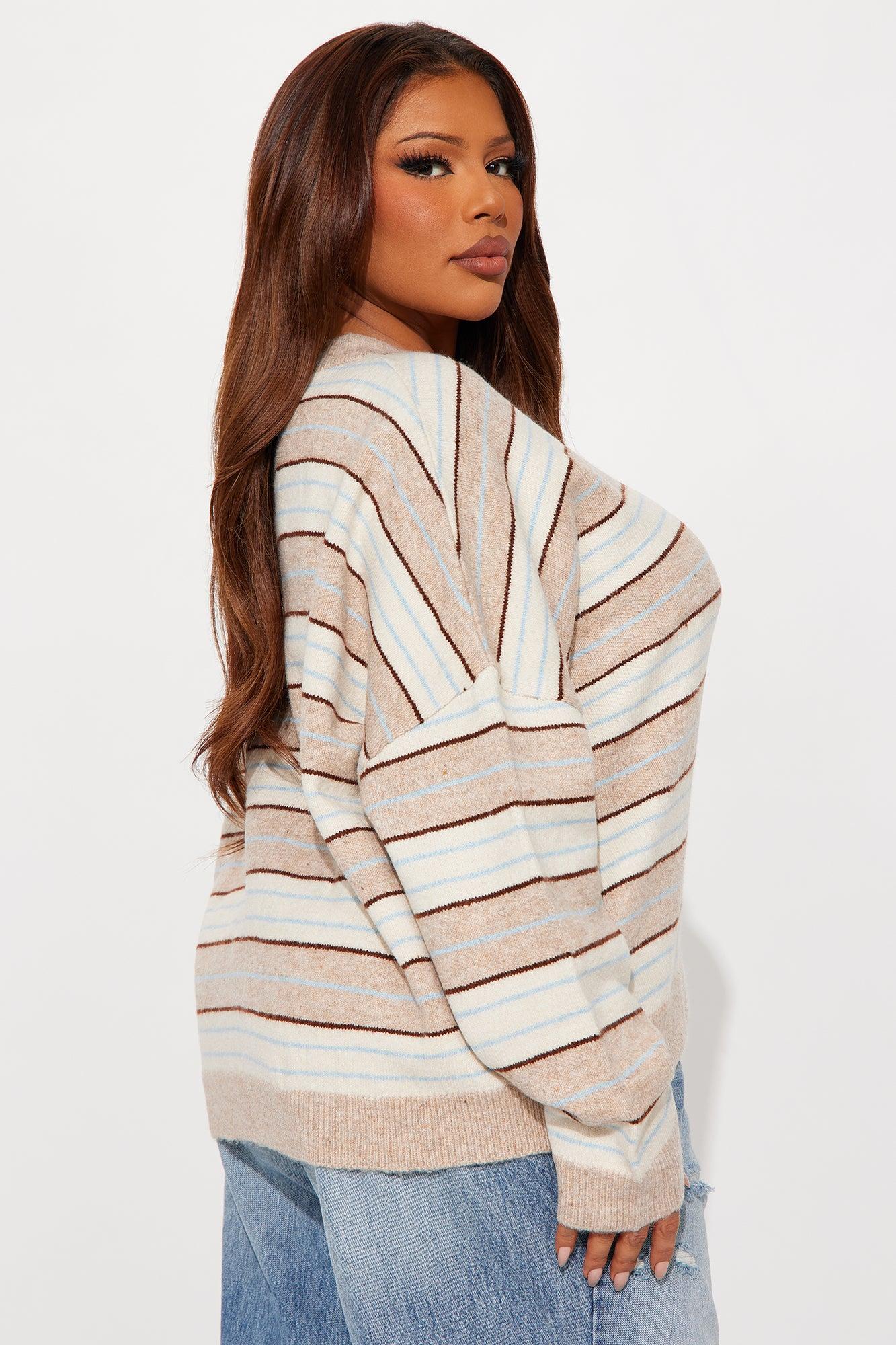 Feeling Striped V Neck Pullover Sweater - Taupe/combo Female Product Image