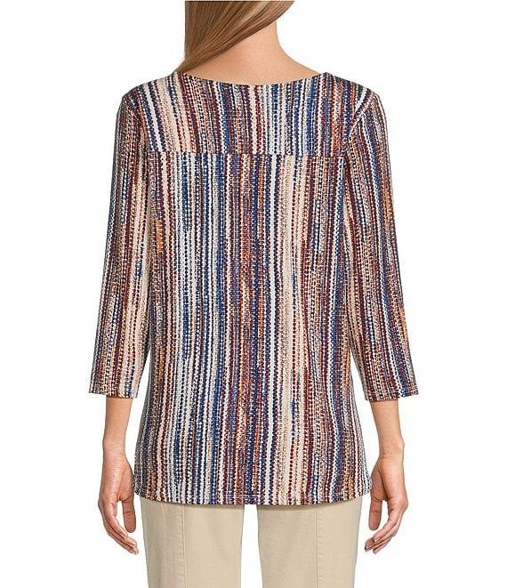 Intro Knit Jersey Abstract Stripe 3/4 Sleeve Pleated Neck Tee Product Image