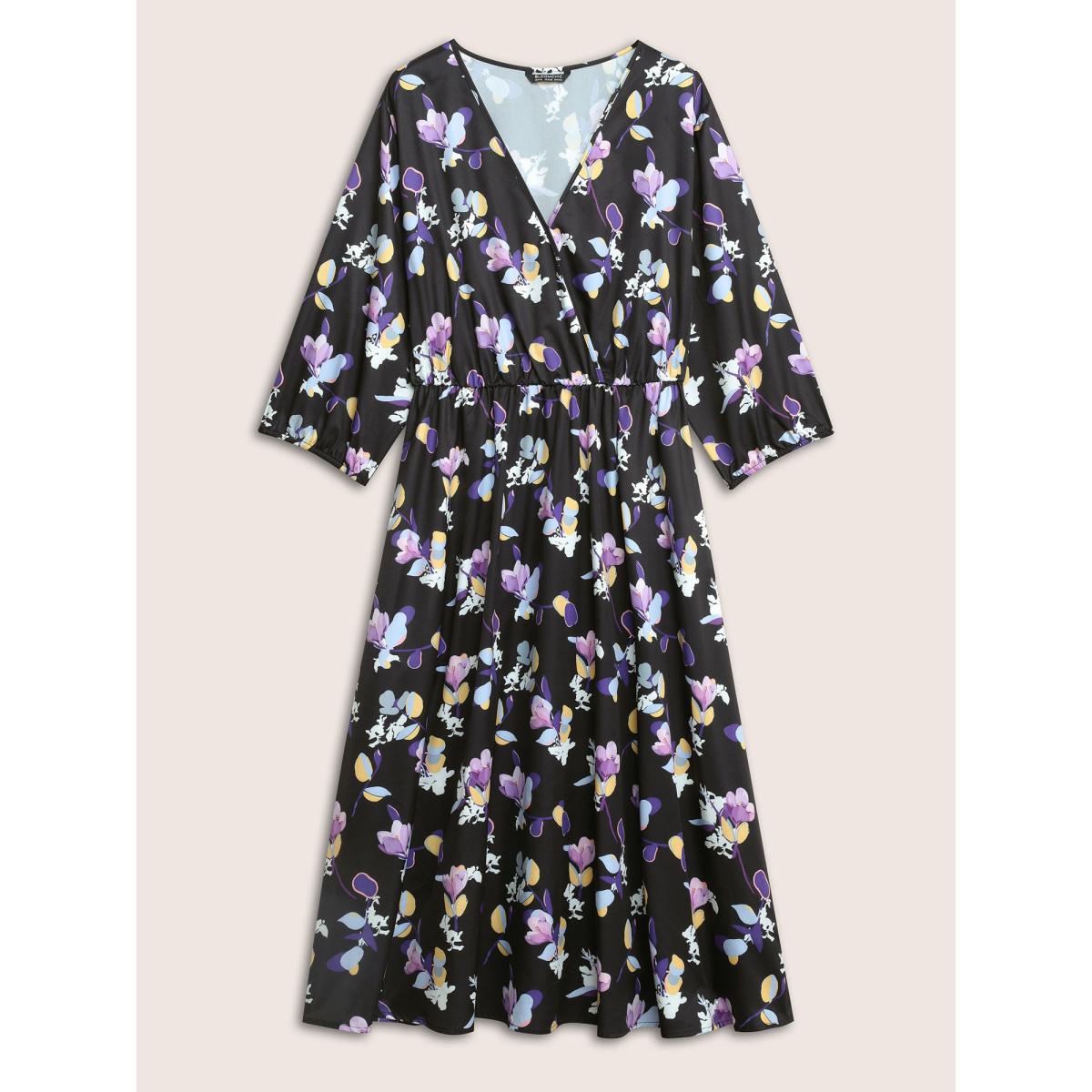 Plus Size Floral Wrap Elastic Waist Lantern Sleeve Cropped Dress Black Women Elegant Non Overlap Collar Elbow-length sleeve Curvy Midi Dress BloomChic 22-24/3X Product Image
