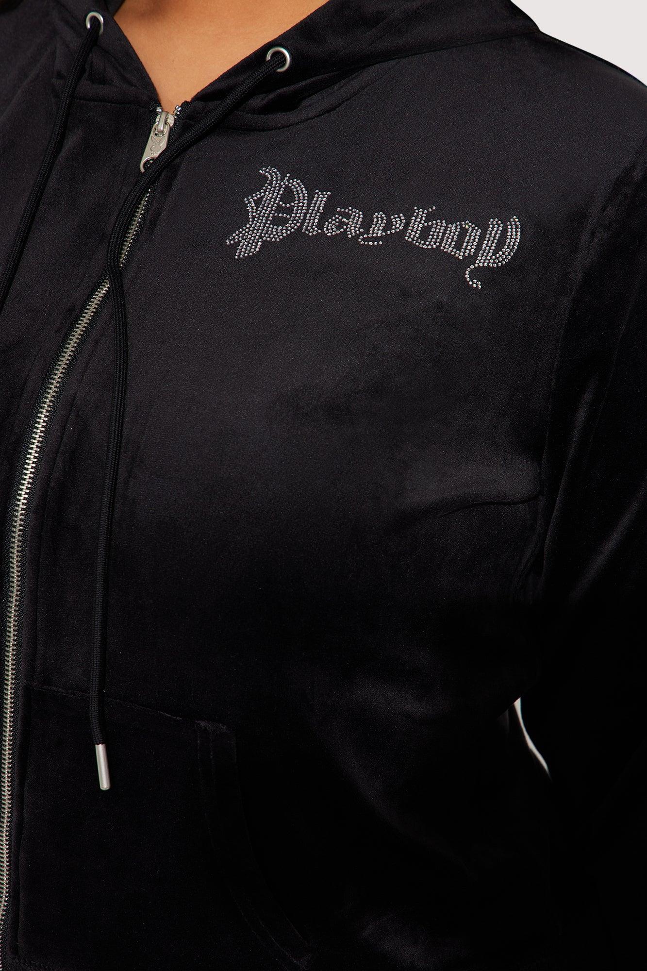Playboy Iconic Velour Zip Front Hoodie - Black Product Image
