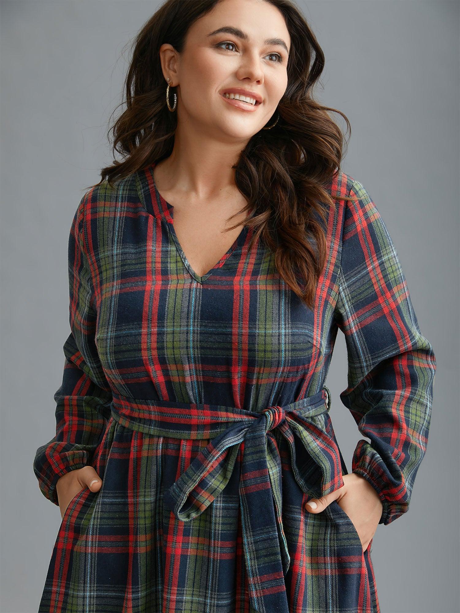Festive Notched Collar Plaid Dress Female Product Image