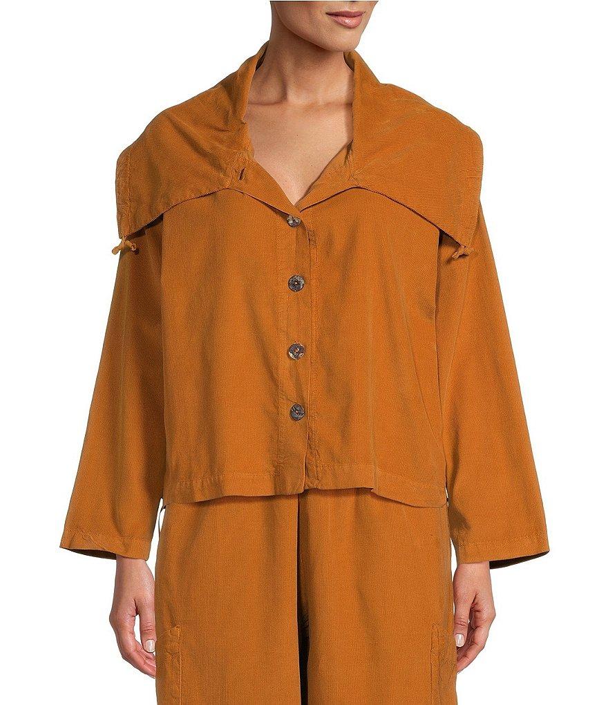 Bryn Walker Wide Collared Long Sleeve Adjustable Tie Button Front Corduroy Jacket Product Image