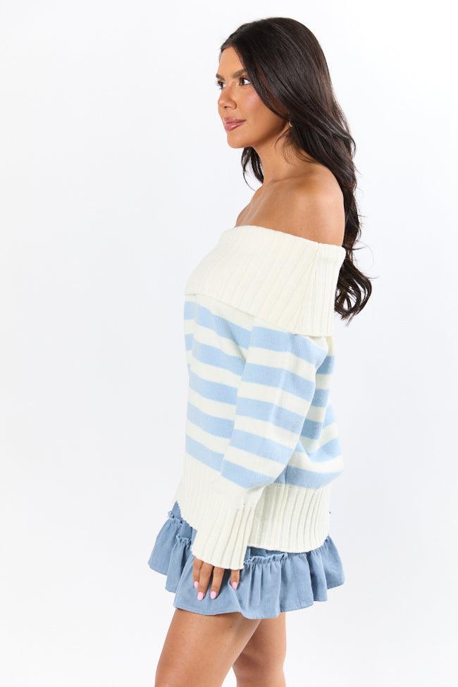 Undertow Feelings Ivory and Blue Striped Off The Shoulder Sweater FINAL SALE Product Image