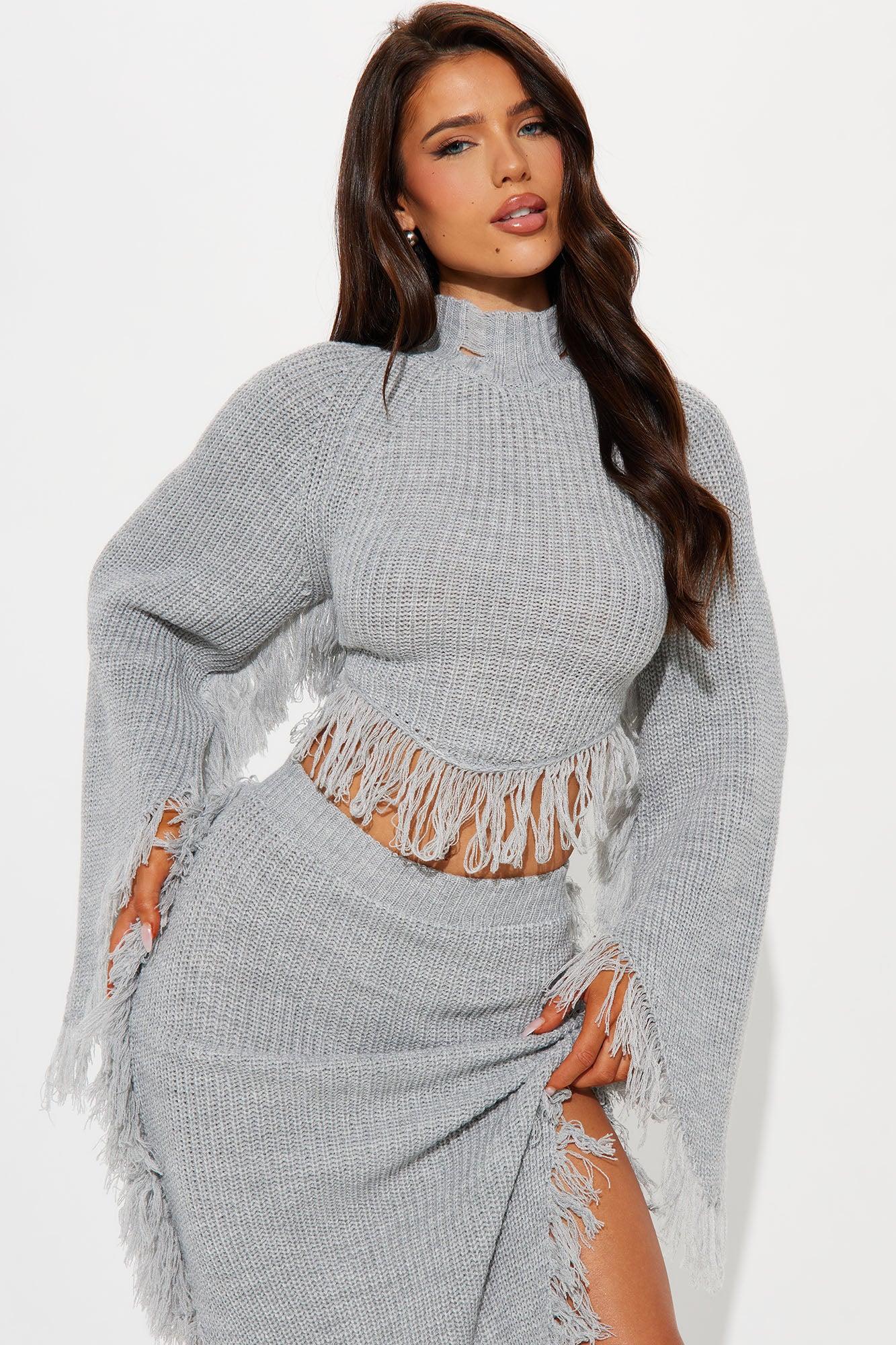 Sienna Fringe Trim Sweater Skirt Set - Grey Product Image