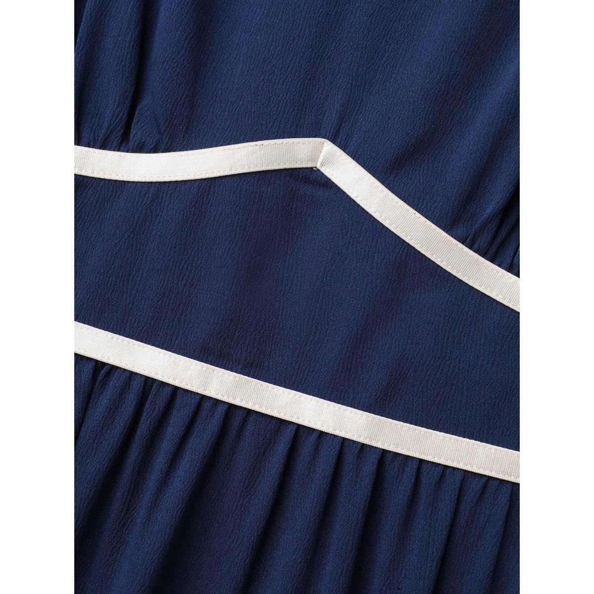 Plus Size Textured Stretchy Waist Milkmaid Style Midi Dress Indigo Women Leisure Woven ribbon&lace trim Heart neckline Short sleeve Curvy BloomChic 14-16/1X Product Image