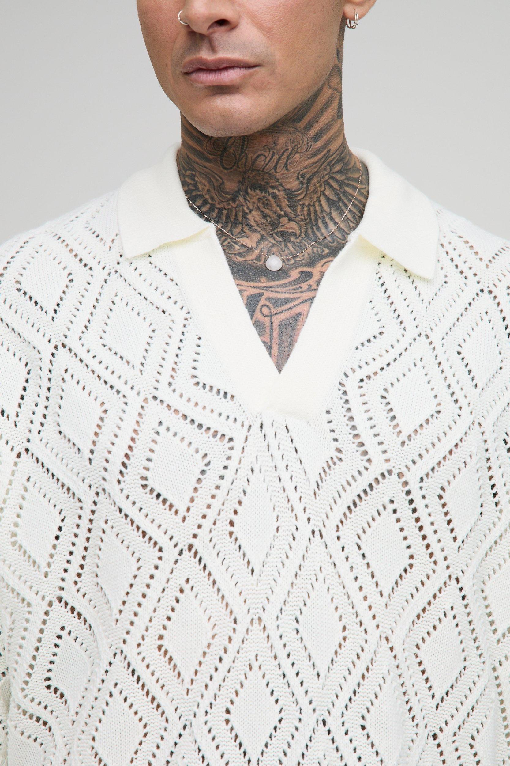 Tall Short Sleeve Boxy Fit Revere Open Knit Polo | boohooMAN USA Product Image