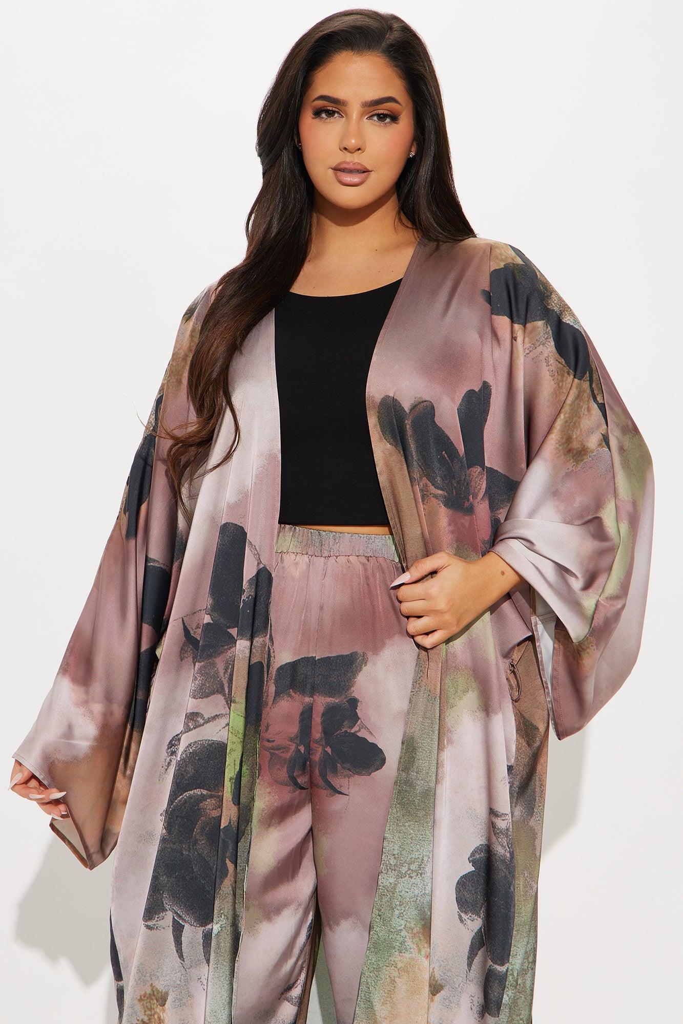 Dark Seduction Satin Kimono Pant Set - Brown/combo Product Image